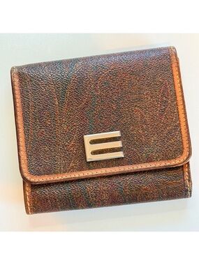 Etro Milano Vintage Trifold Bordeaux Paisley & Tan Leather Wallet w/ Coin Pouch